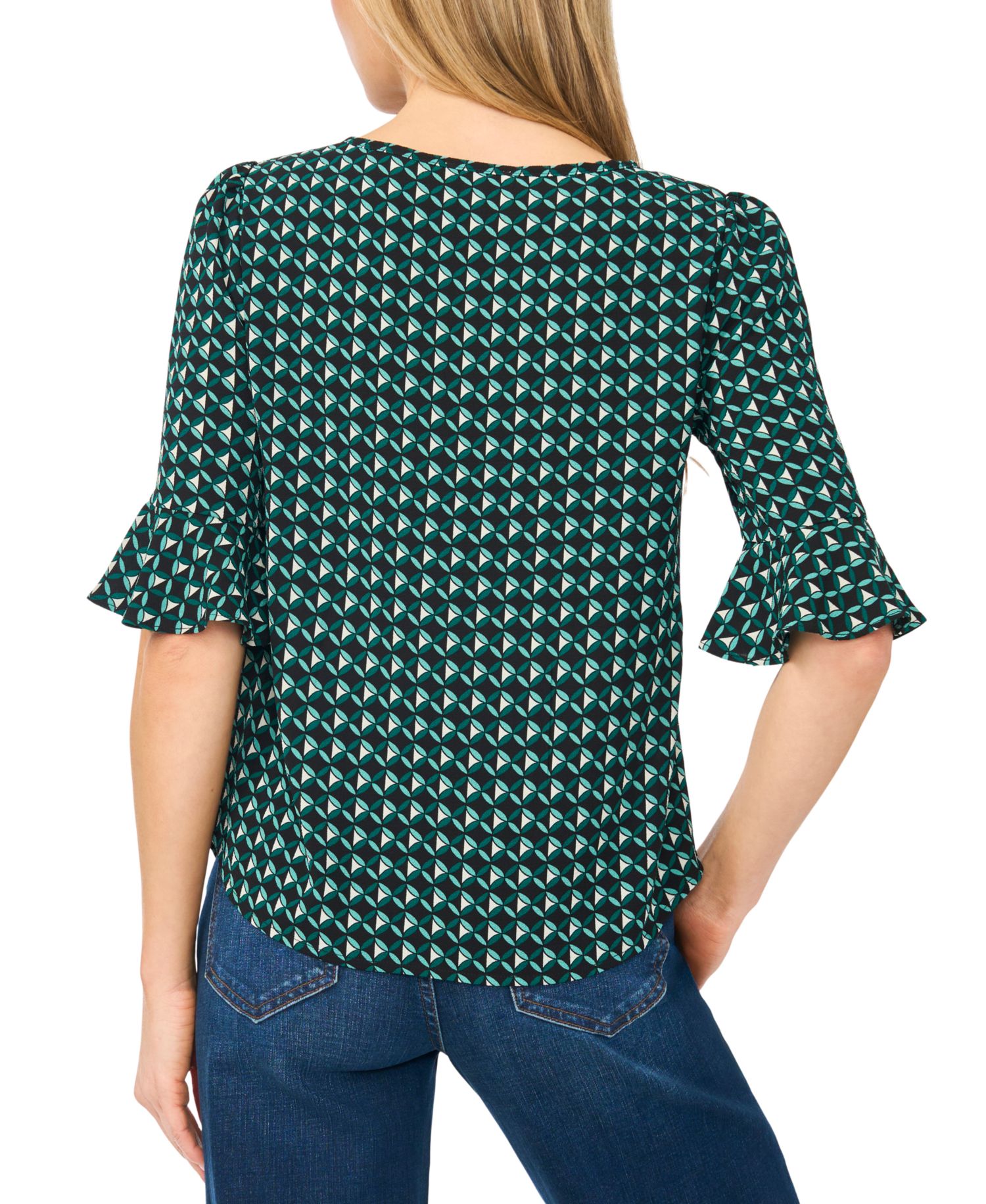 Women's Split-Tie-Neck 3/4-Sleeve Ruffle-Cuff Blouse