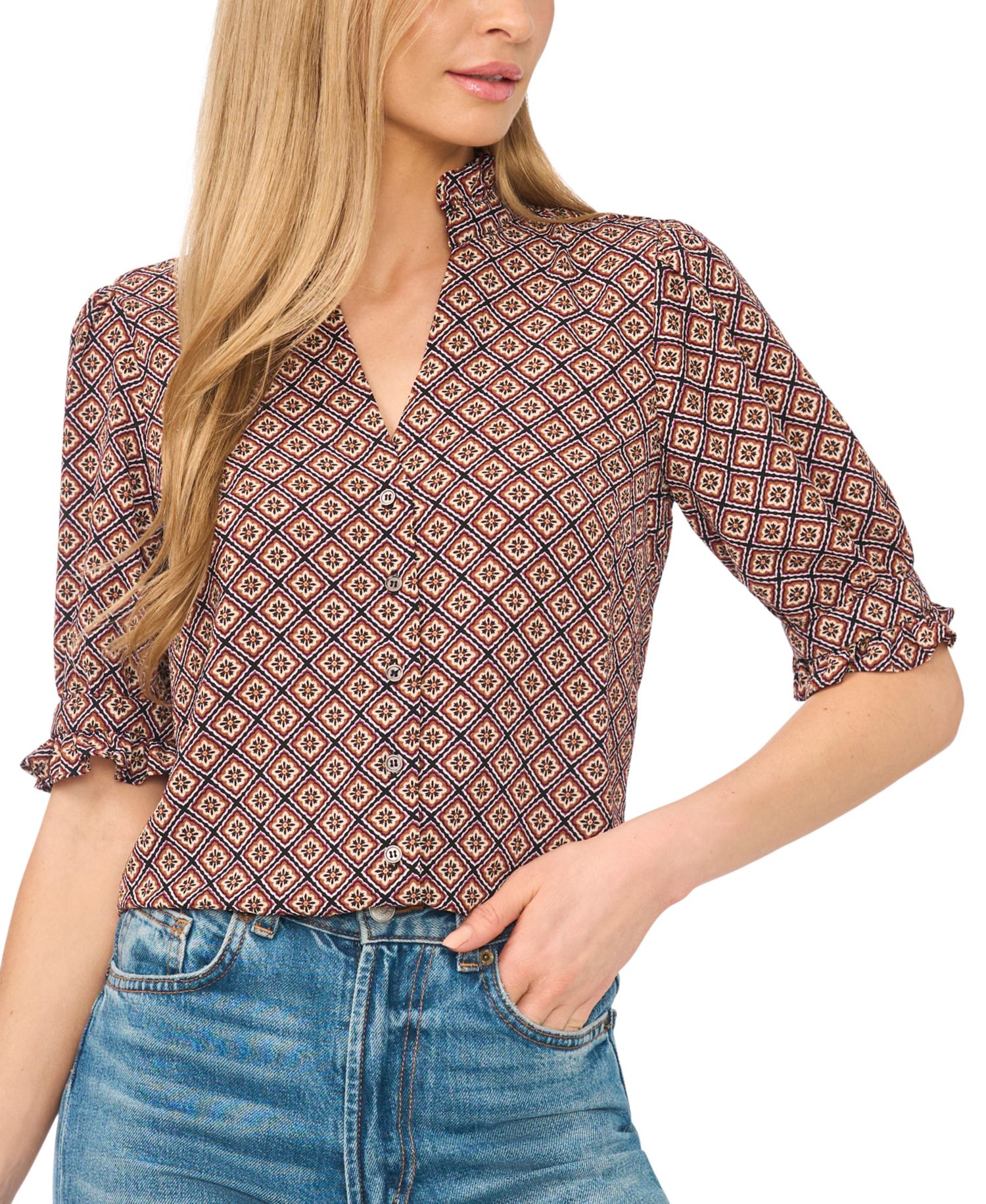 Women's Ruffle V-Neck Elbow-Length Blouse