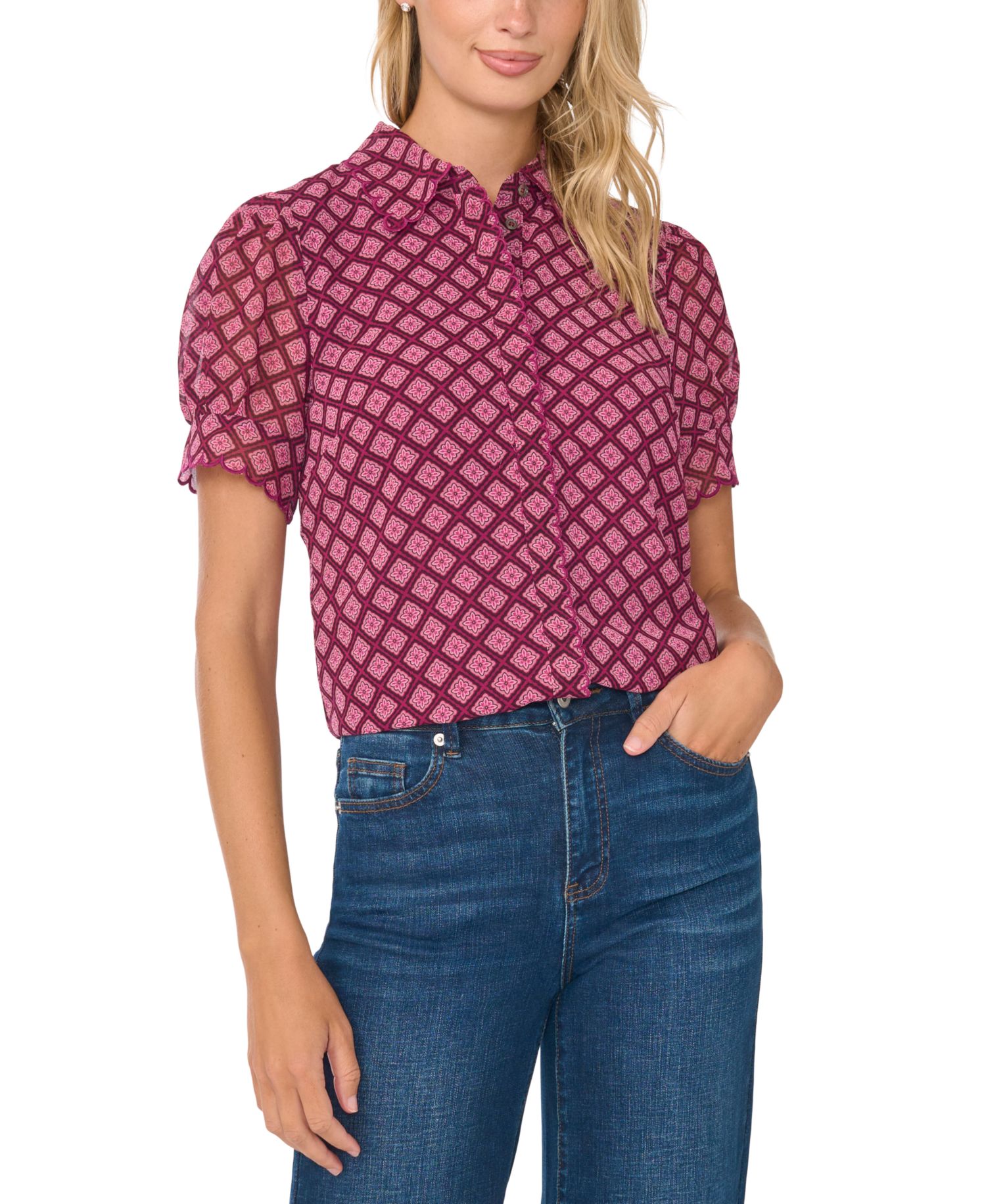 Women's Short-Sleeve Scallop Trim Button-Up Blouse