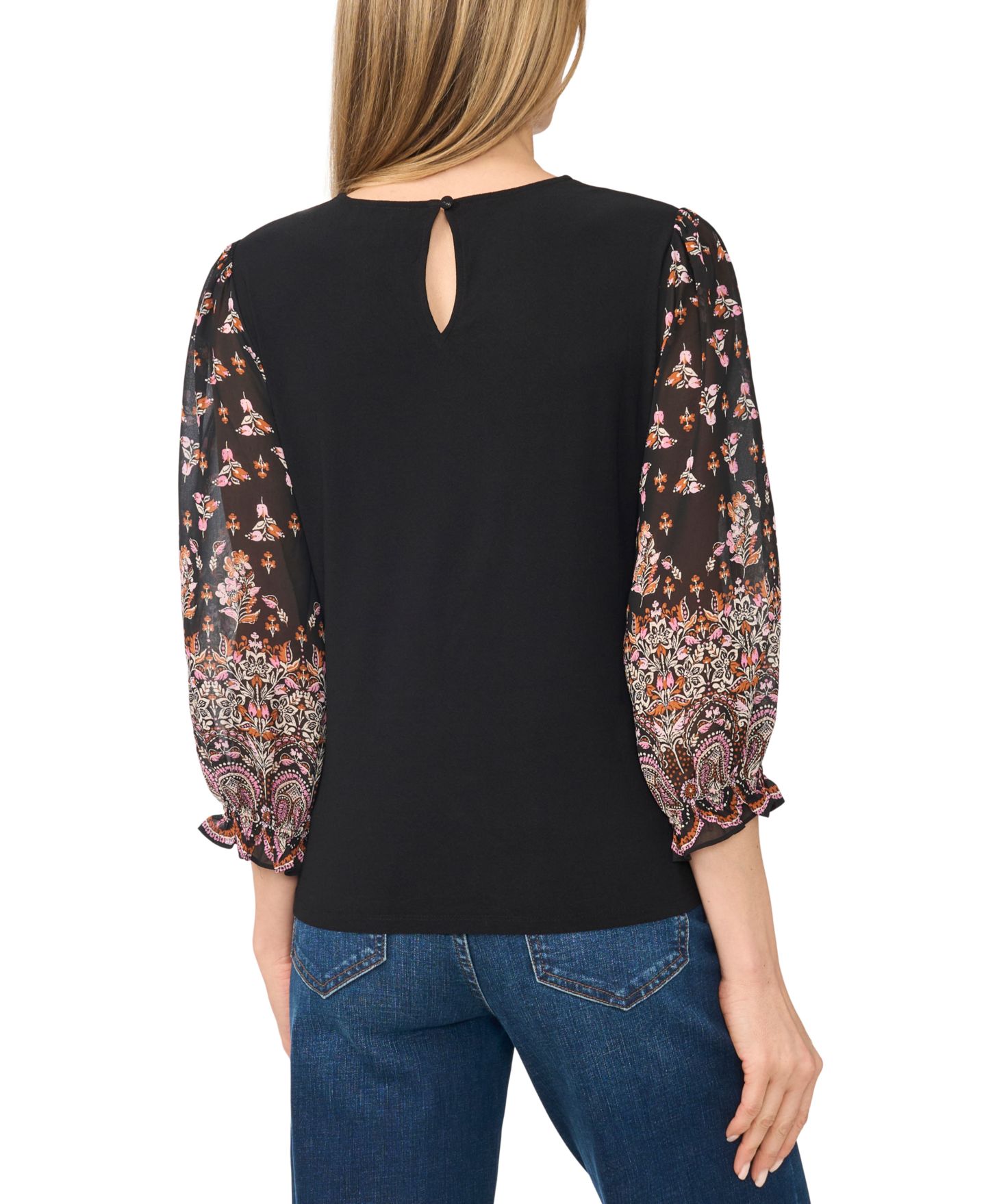 Женская блузка CeCe Mixed Media Crewneck Long-Sleeve Puff-Sleeve Blouse, цвет: Насыщенный чёрный — фото 4