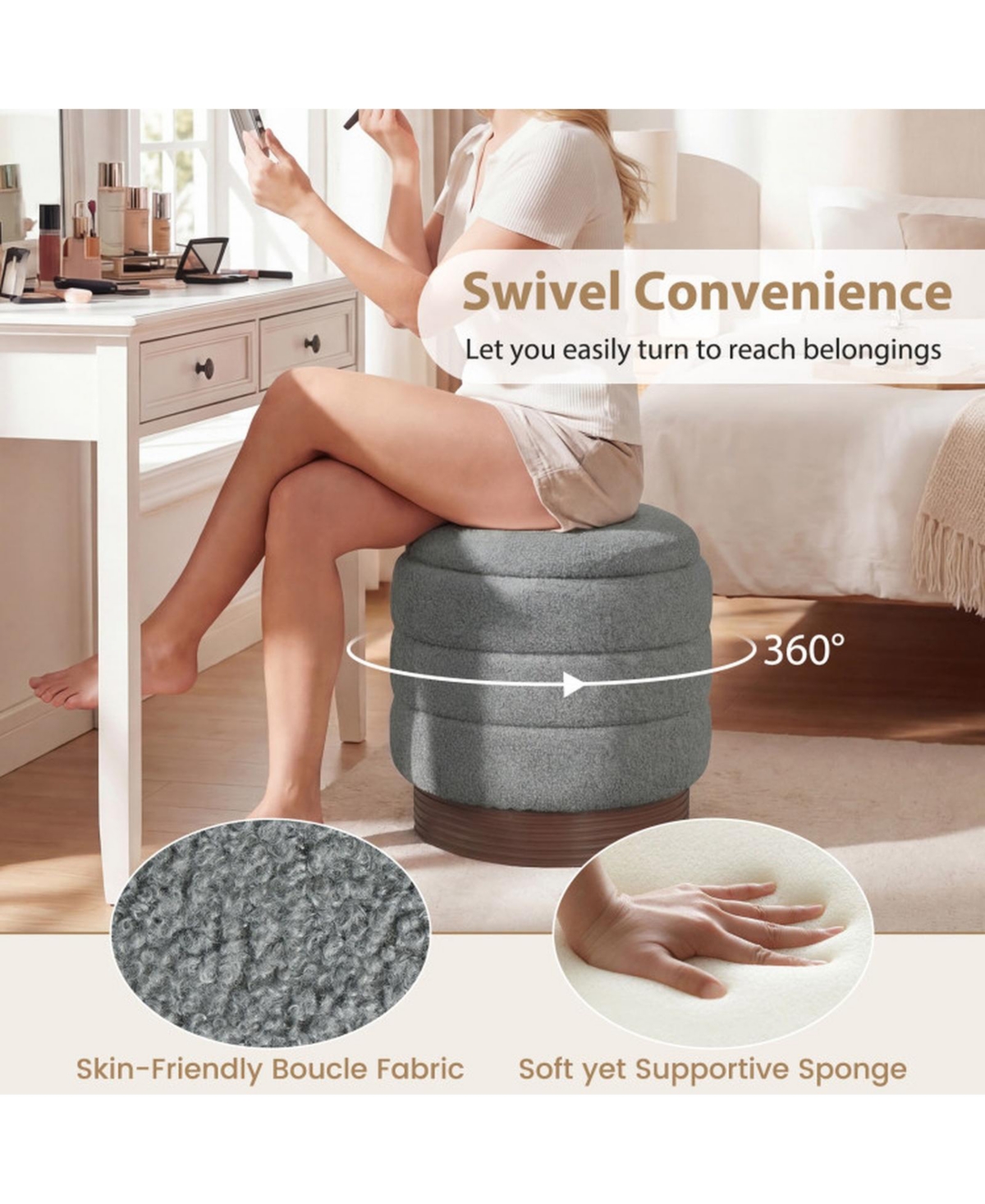 Sugift Swivel Round Storage Ottoman Upholstered Boucle Fabric Vanity Stool with Hidden Compartment