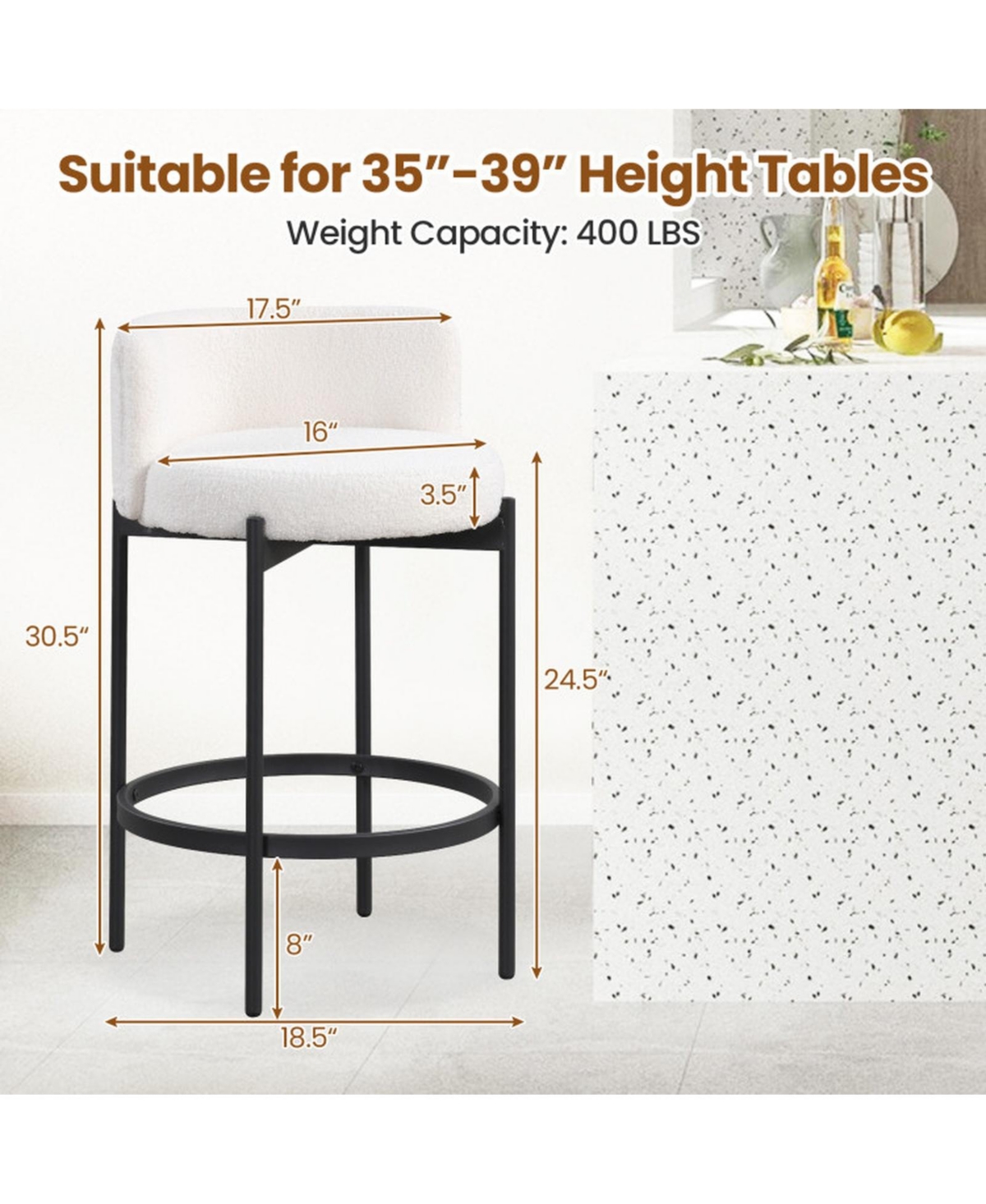 Sugift 24 Inch Boucle Counter Stools Set of 4 with Curved Backrests and Thick Cushioned Seats