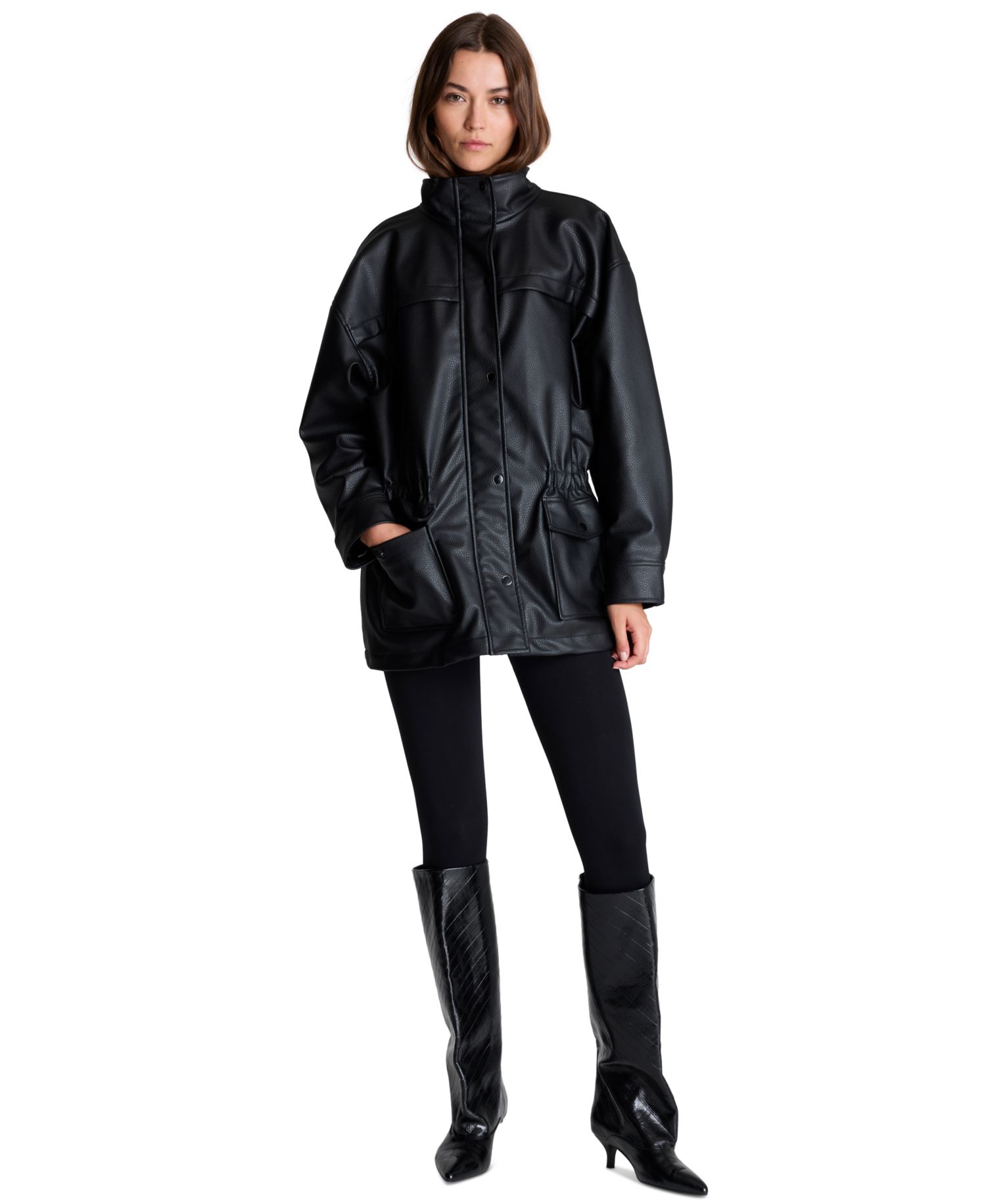 Women's Faux-Leather Cinched-Waist Anorak