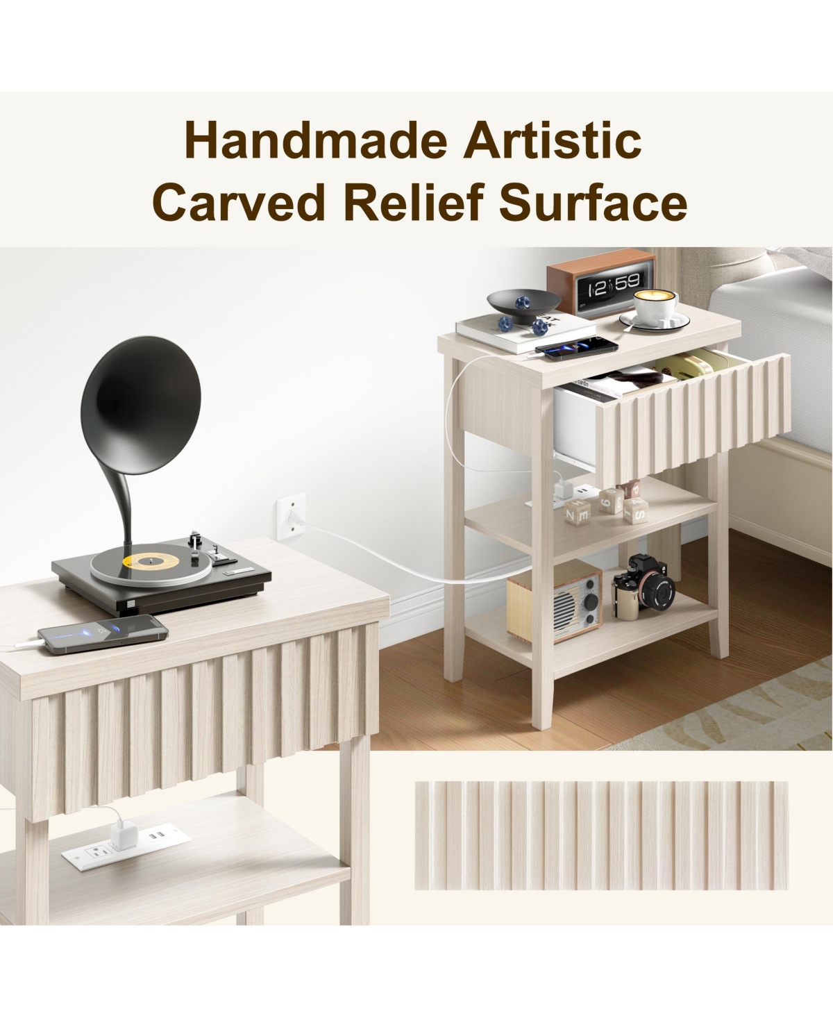 Flynama Fluted Nightstand with Charging Station