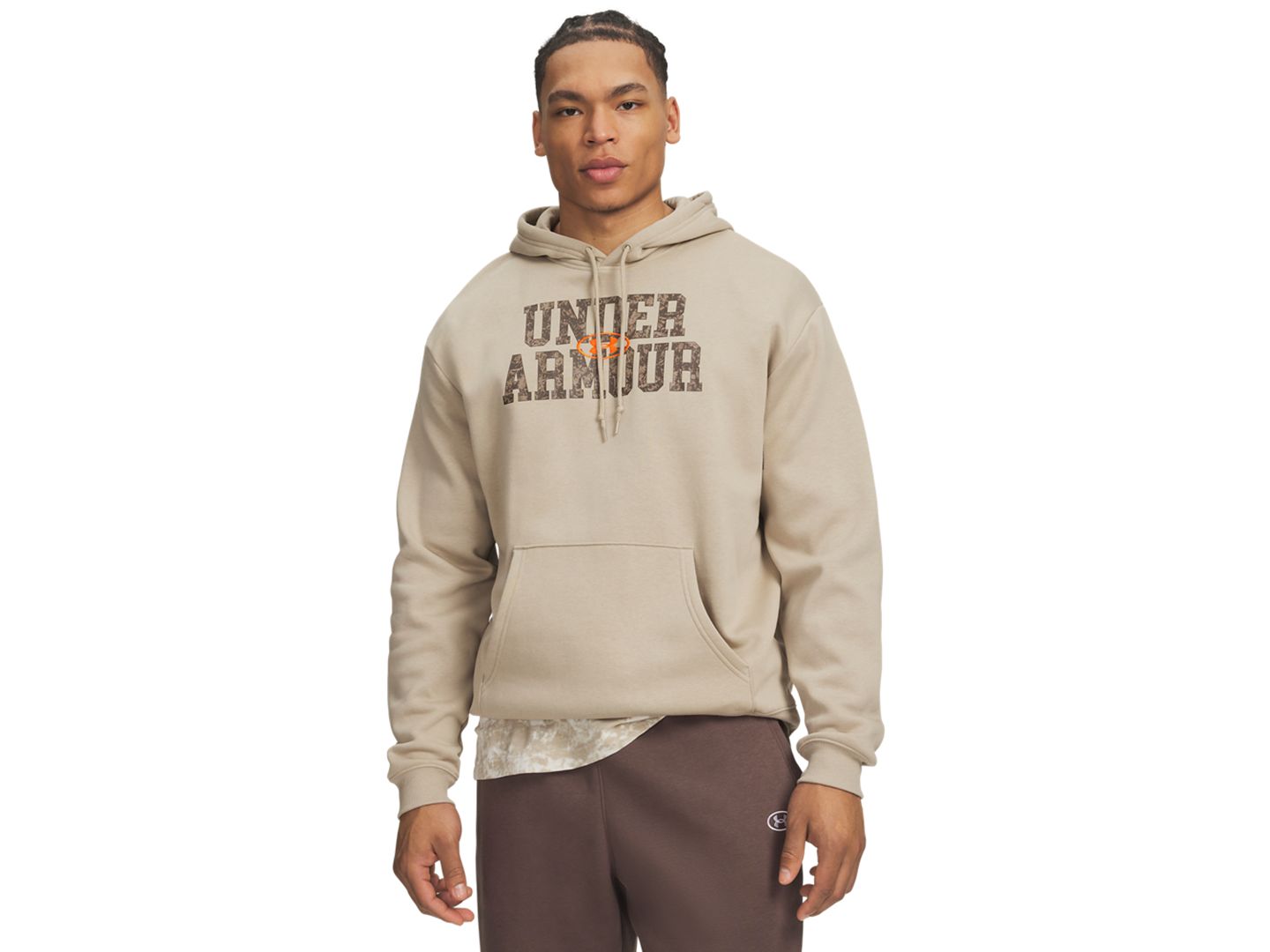 Мужское худи Under Armour Rival Fleece Camo, цвет: Хаки / Оранжевый — фото 1