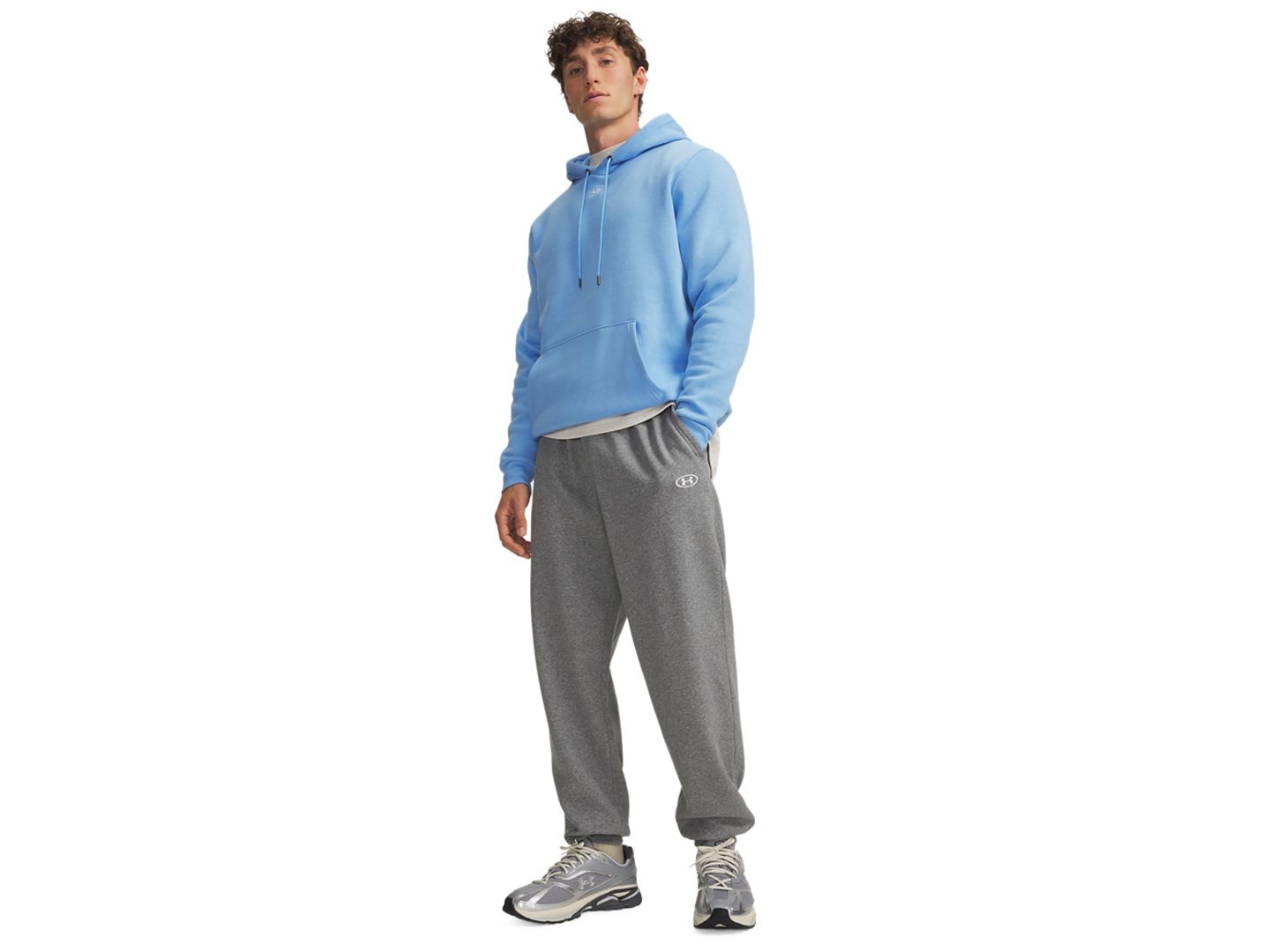 Мужские брюки Under Armour Rival Fleece, цвет: Тёмно-серый меланжевый / Белый — фото 2