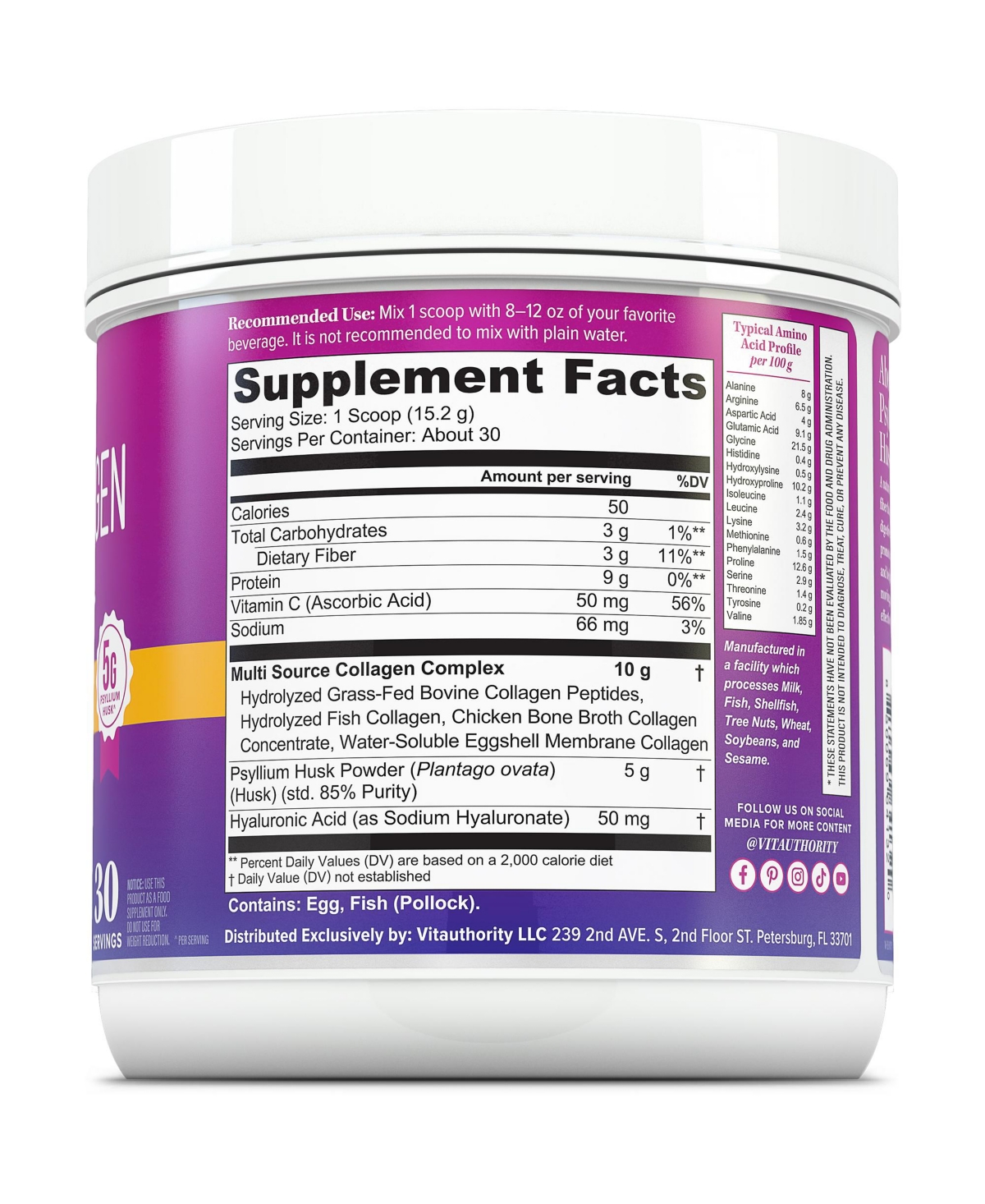 Vitauthority Multi Collagen Protein Powder Plus Fiber, Unflavored, 30 Servings