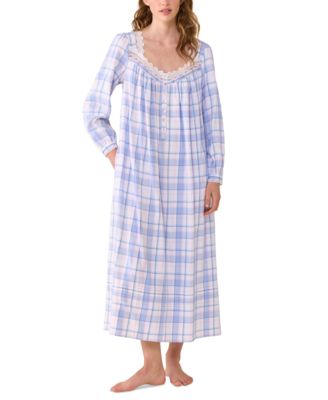 Women's Ballet Long-Sleeve Plaid Lace-Trim V-Neck Nightgown