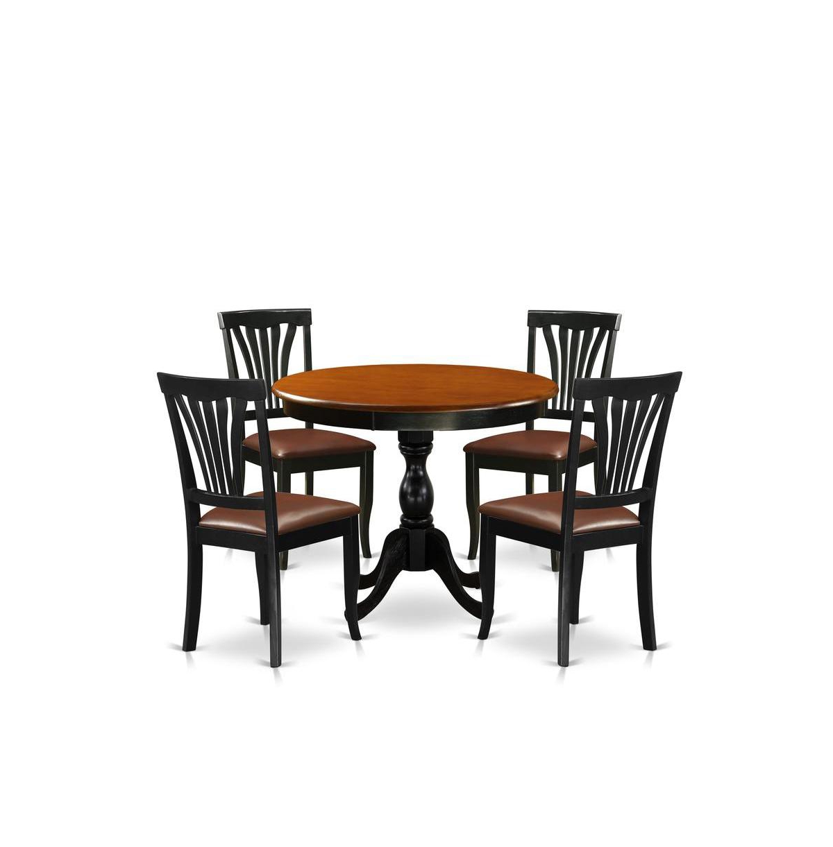 East West Furniture 5-Piece Dining Room Set Consists of a Mid Century Dining Table and 4 Faux Leather Dinner Chairs with Slatted Back - Multi-color