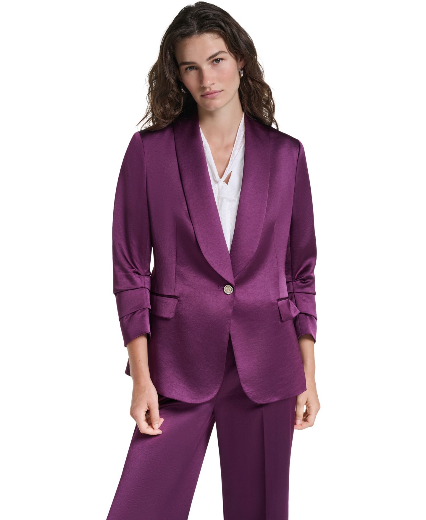 Женский пиджак KARL LAGERFELD PARIS Ruched 3/4-Sleeve Shawl Collar Blazer, цвет: Вишнёвый — фото 1