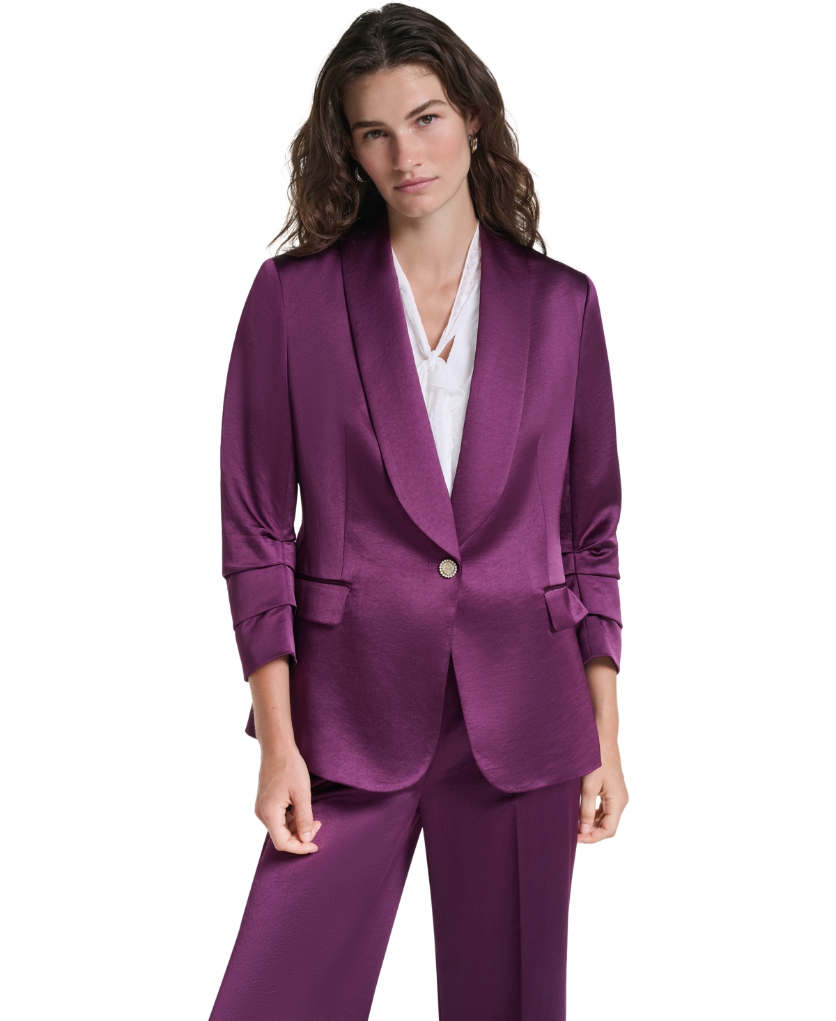Karl Lagerfeld Paris Women's Ruched 3/4-Sleeve Shawl Collar Blazer