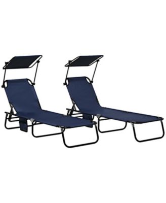 Folding Chaise Lounge Pool Chairs, Outdoor Sun Tanning Chairs with Canopy Shade, Reclining Back, Steel Frame and Side Pocket