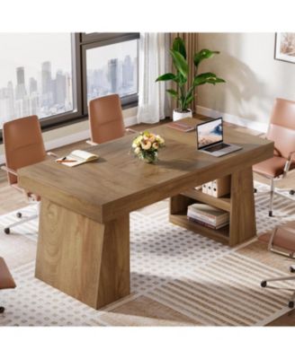 4.59 ft Conference Table for 4-6: 55" rectangle meeting table with drawer and shelves. Farmhouse seminar boardroom desk for office