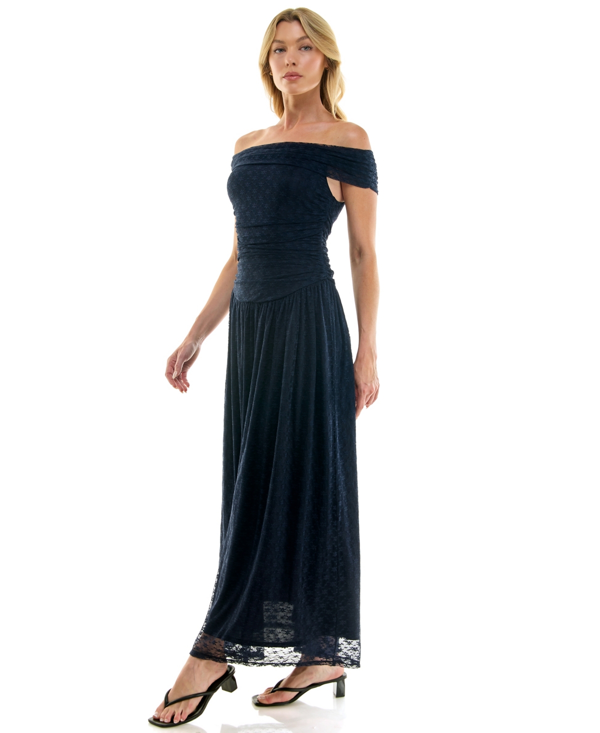 Beauty & Grace Juniors' Lea Off-the-Shoulder Lace Ruched Maxi Dress