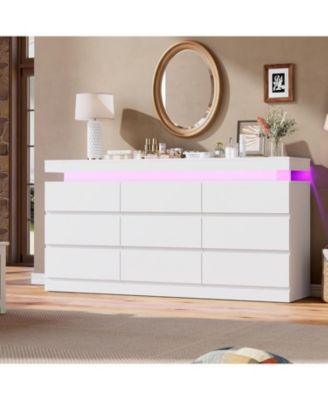9-Drawer Dresser - 63" Wide Chest with LED Light and Charging Station, Multi-Function TV Stand Organizer for Living Room and Hallway