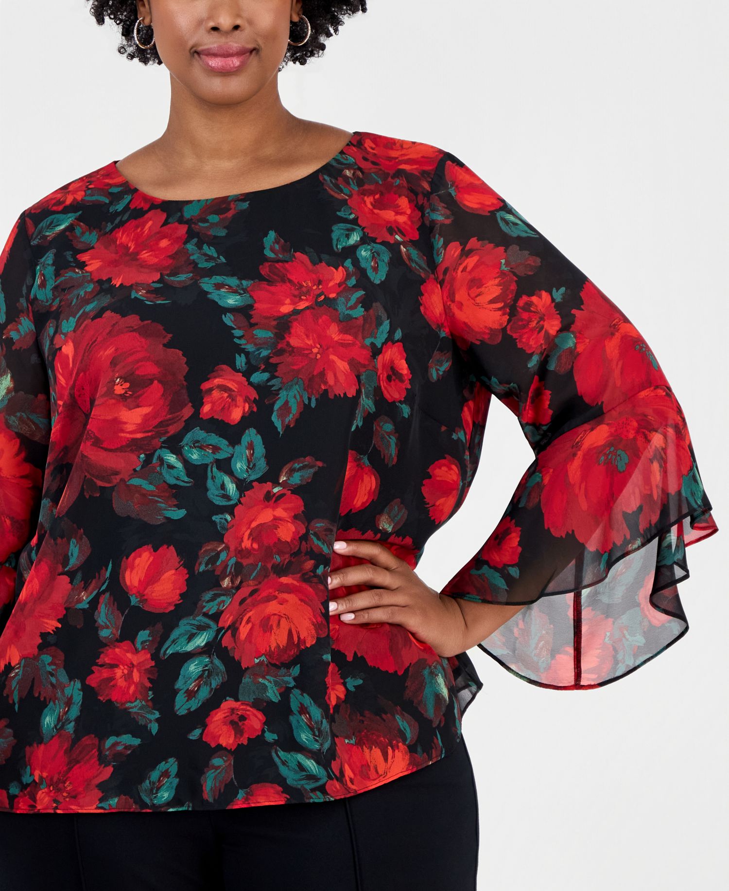 Plus Size Ruffle 3/4-Sleeve Blouse