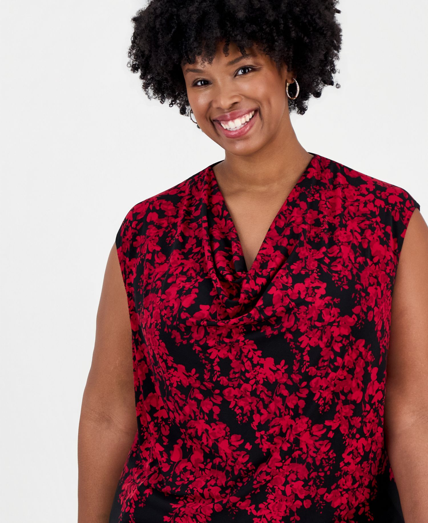 Plus Size Cowl-Neck Cap-Sleeve Floral Blouse
