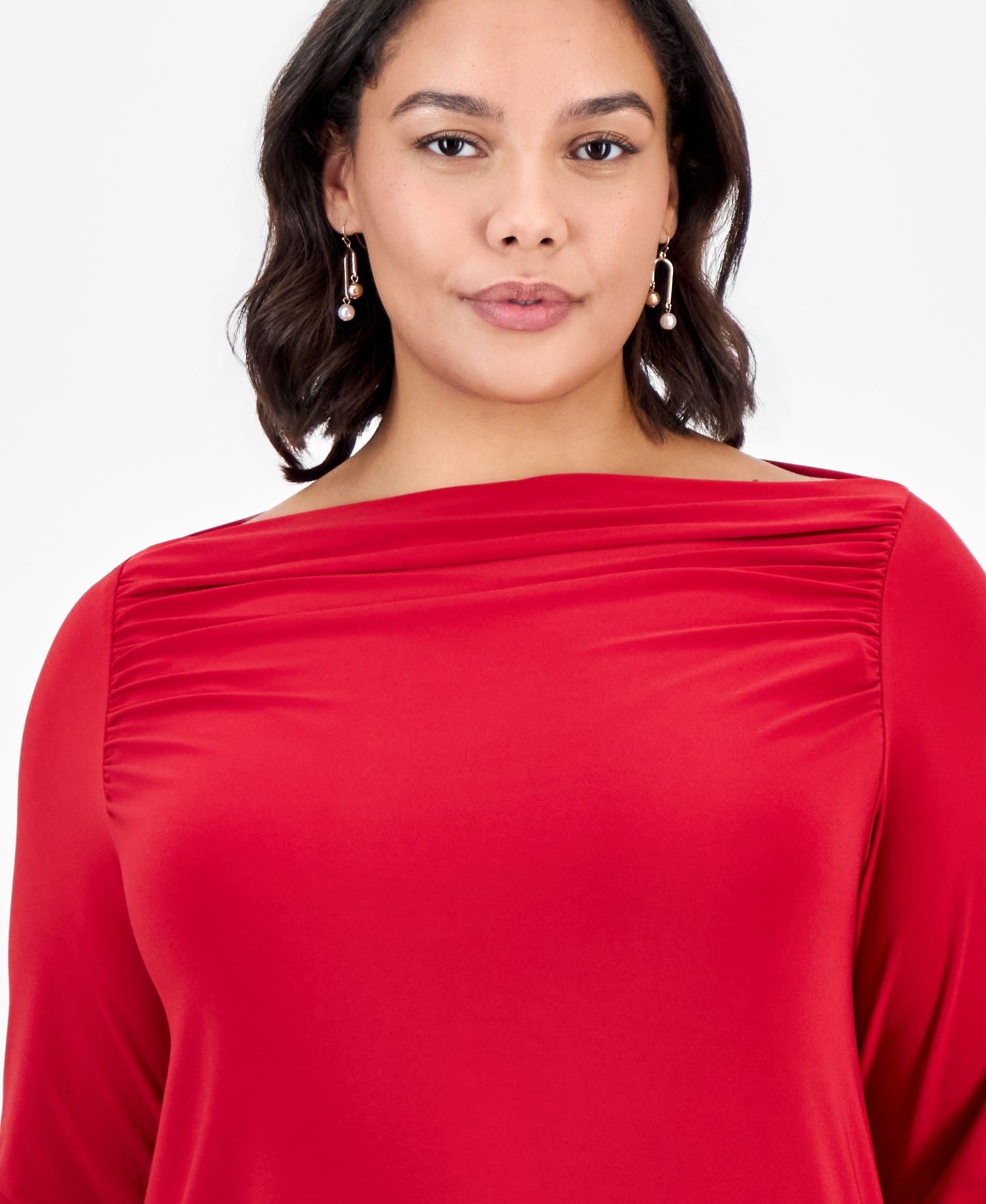 Plus Size Boat Neck 3/4-Sleeve Ruched Blouse
