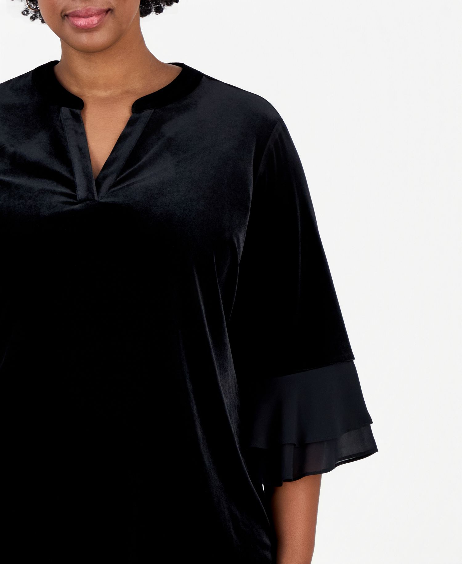 Plus Size Split-Neck 3/4-Length Flutter-Sleeve Blouse