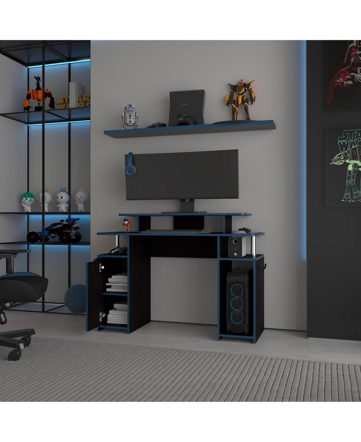 Fm Furniture Lol Minimalist Gaming Desk with Elevated Monitor Shelf, Accents