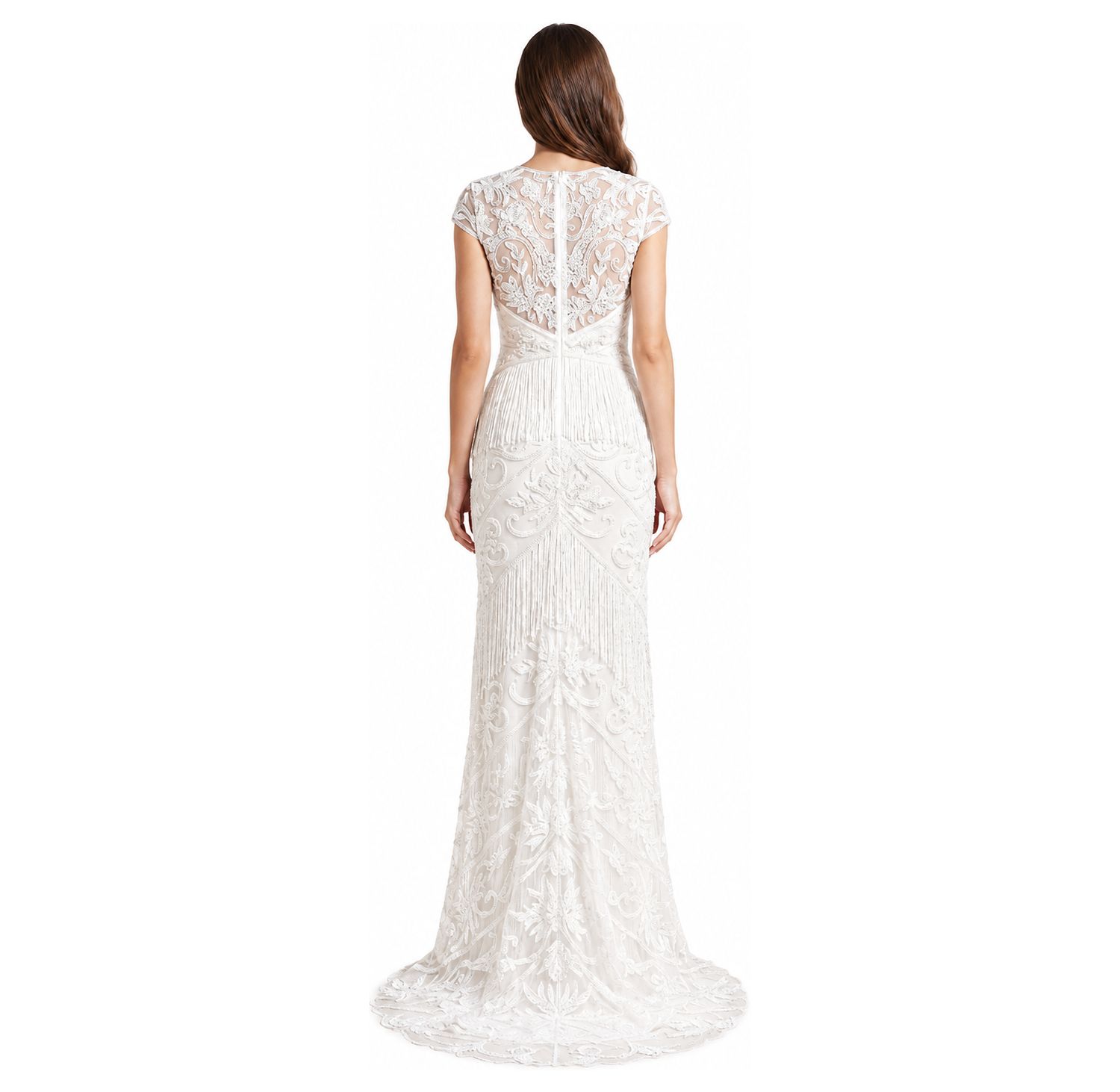 Women's Cap Sleeve Bridal Beaded Gown with Fringe