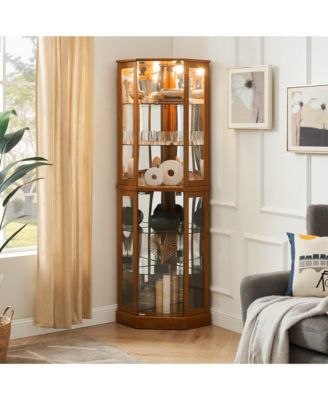 6-Shelf Lighted Corner Curio Cabinet with Mirrored Back and Adjustable Shelves