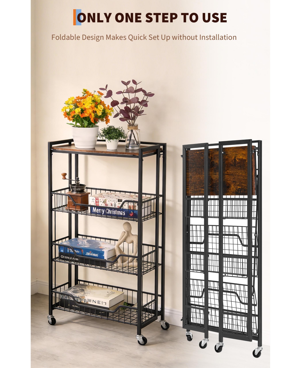 homfan 4-Tier Collapsible Storage Cart Lockable Casters, Heavy Duty, Expands, Pre-Assembled, 100 lbs Capacity. Rolling utility shelf