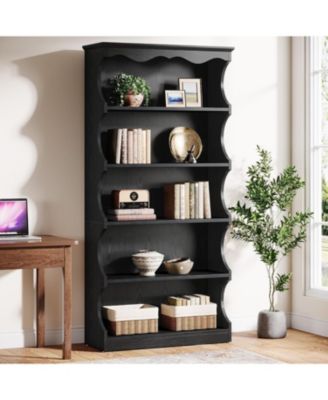 70" Tall Bookcase: 5-tier open bookshelf with curved-edge design. Wooden display shelves for living room, home office, bedroom