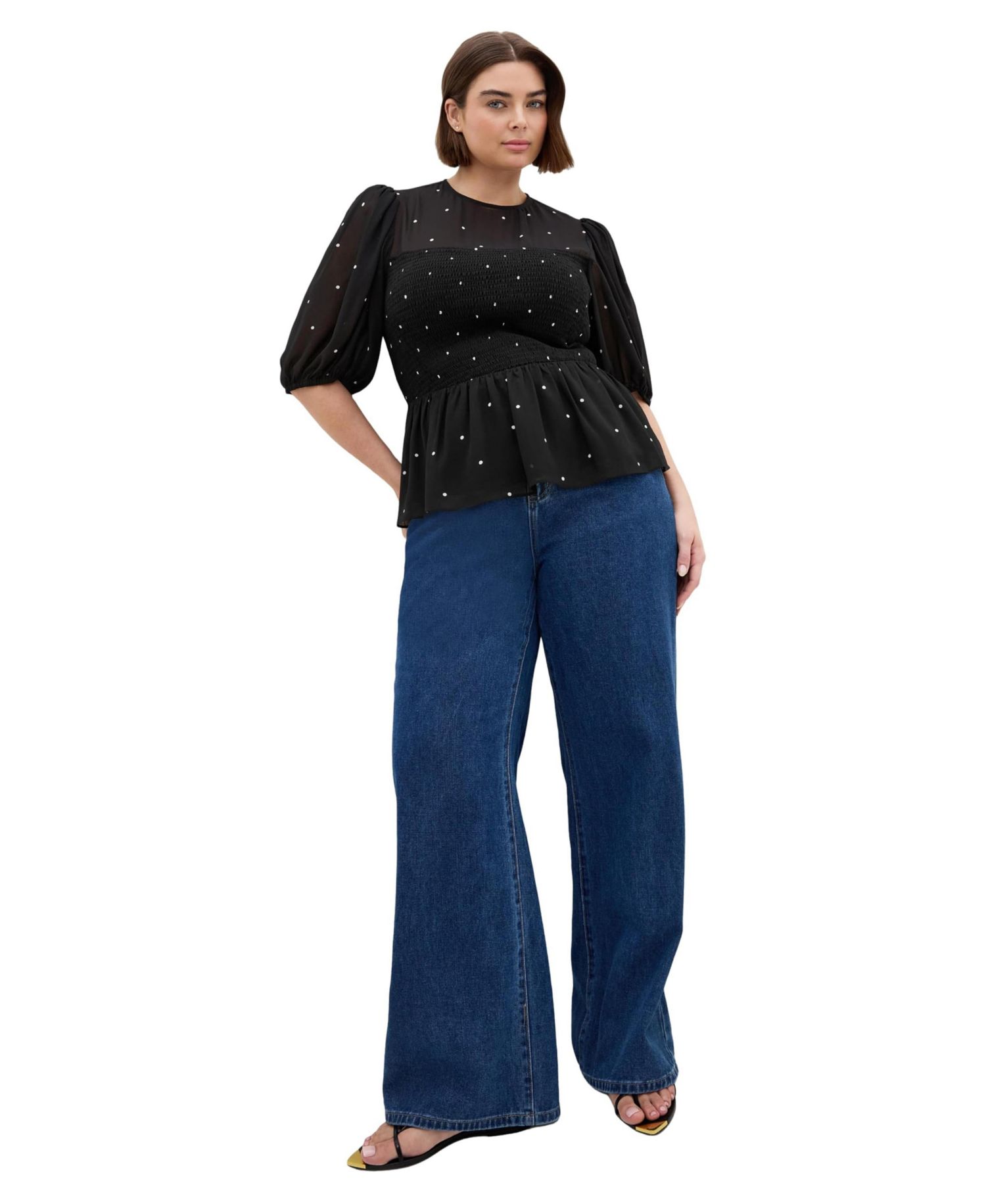 Plus Size Esther Spot-Print Shirred Peplum Blouse
