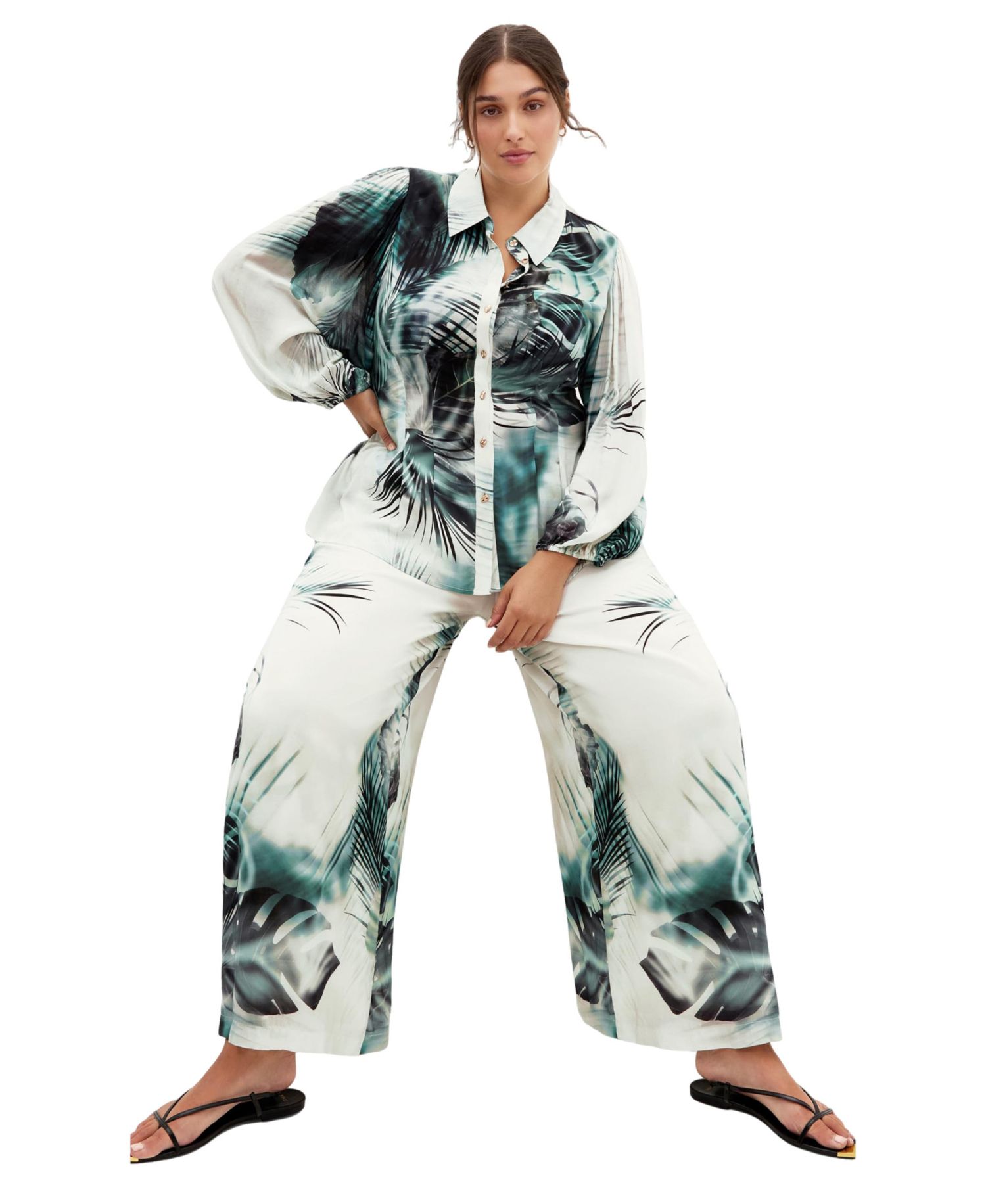 Plus Size Piper Palm Print Collared Long-Sleeve Relaxed-Fit Shirt