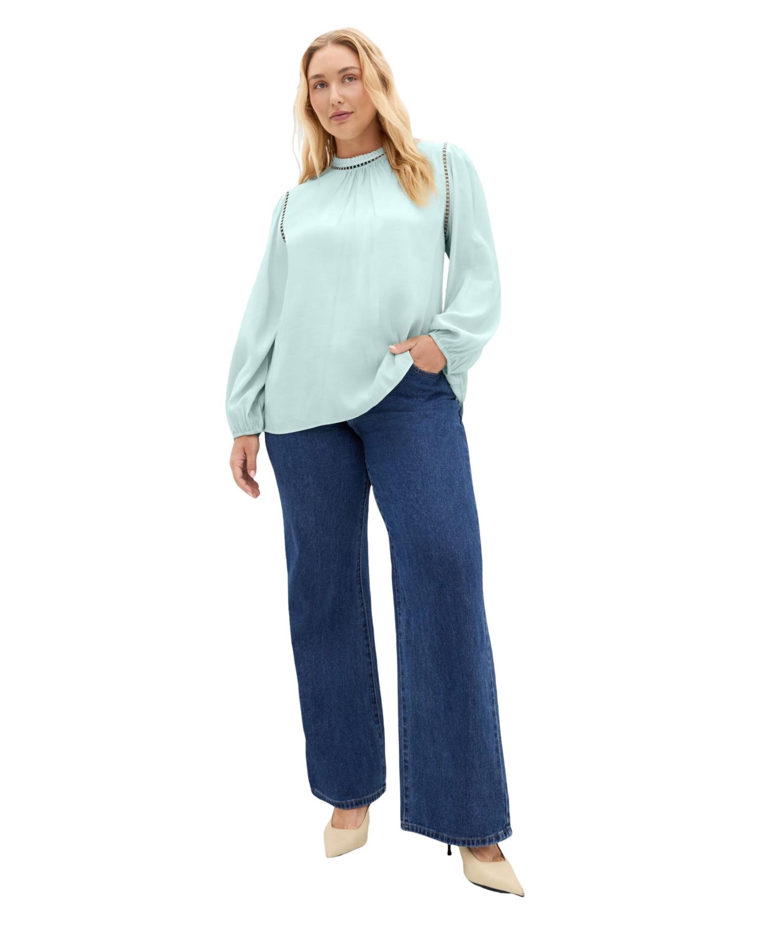 Plus Size Lorena Mock-Neck Ladder-Stitch Detail Top
