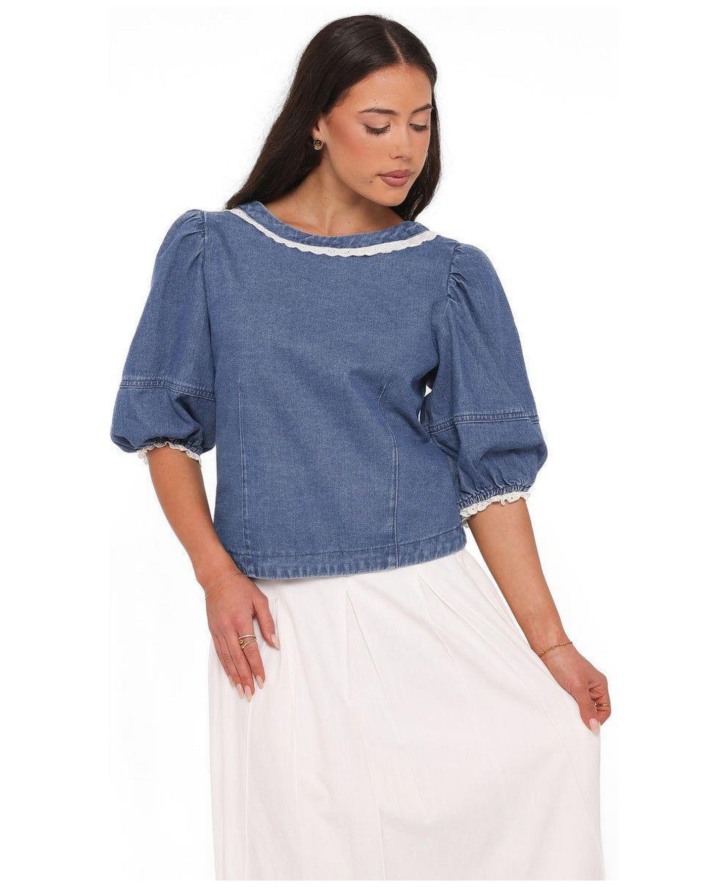 Женский топ Petal and Pup Merli Denim Open-Back Puff-Sleeve, цвет: Синяя средняя варка — фото 1