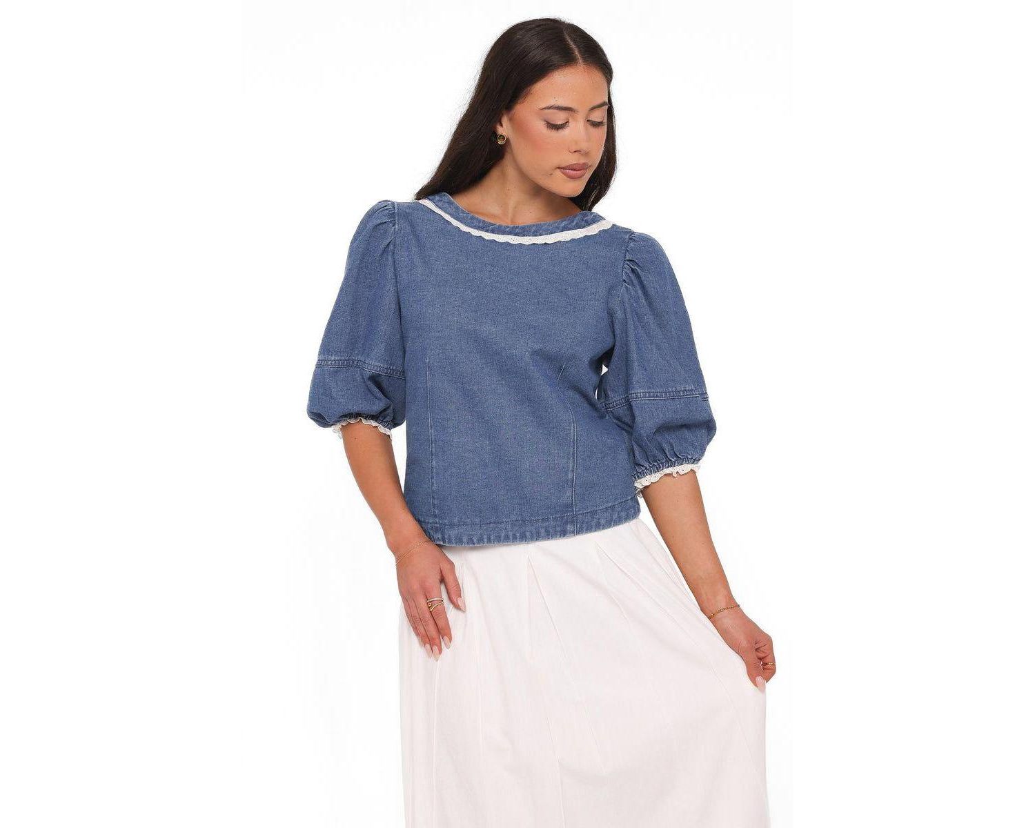 Women's Merli Denim Open-Back Puff-Sleeve Top