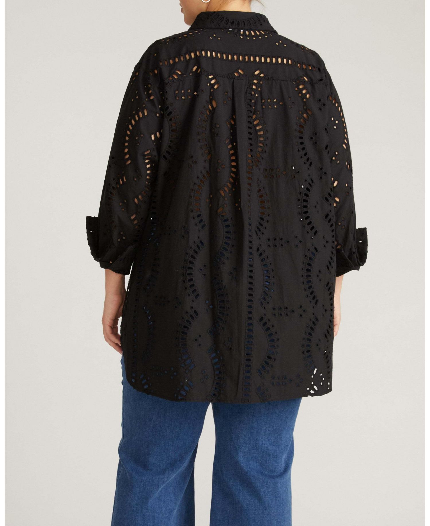 Plus Size Oversized Embroidered Eyelet Long-Sleeve Button-Down Shirt