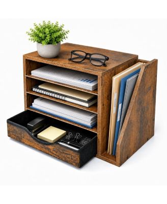 Wooden Desk Organizer With Drawers 4 Tier Multi Function Office Storage