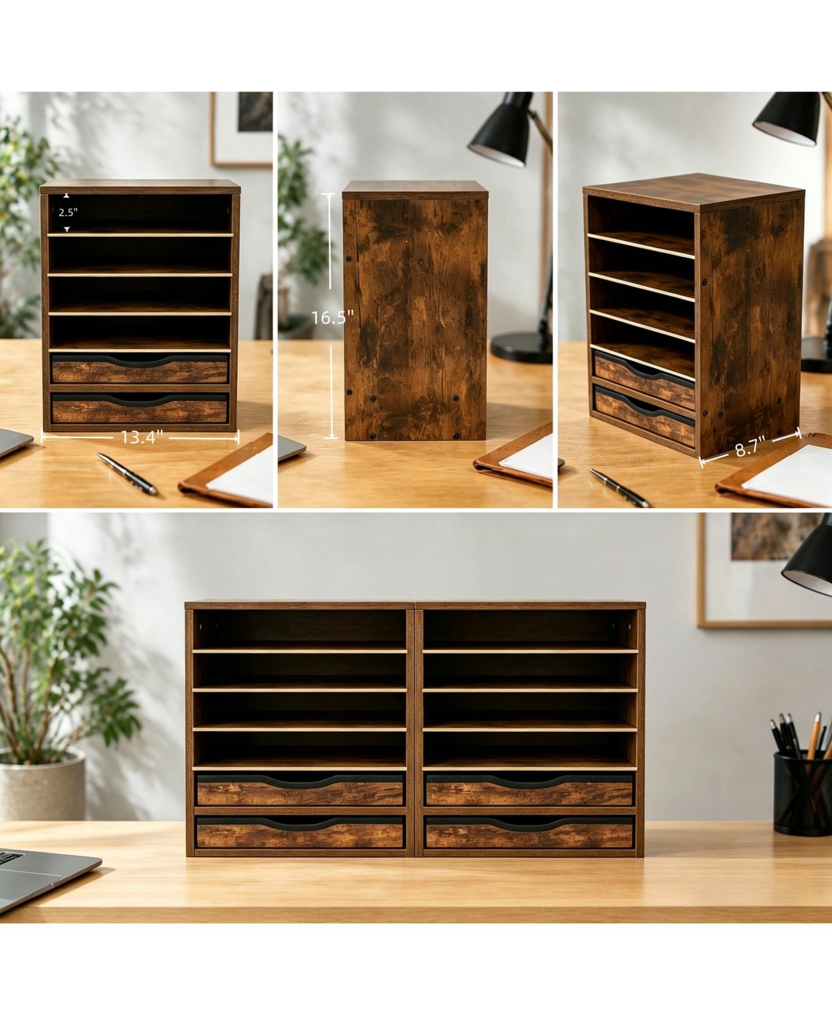 Danrong Brown Wooden 6 Tier Adjustable Desk Organizer With 2 Drawers For Home Office Classroom