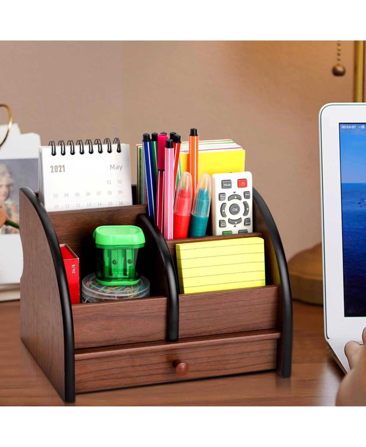 Danrong Wooden Desk Organizer With Drawer Remote Control Holder Makeup Stationery Storage Rack