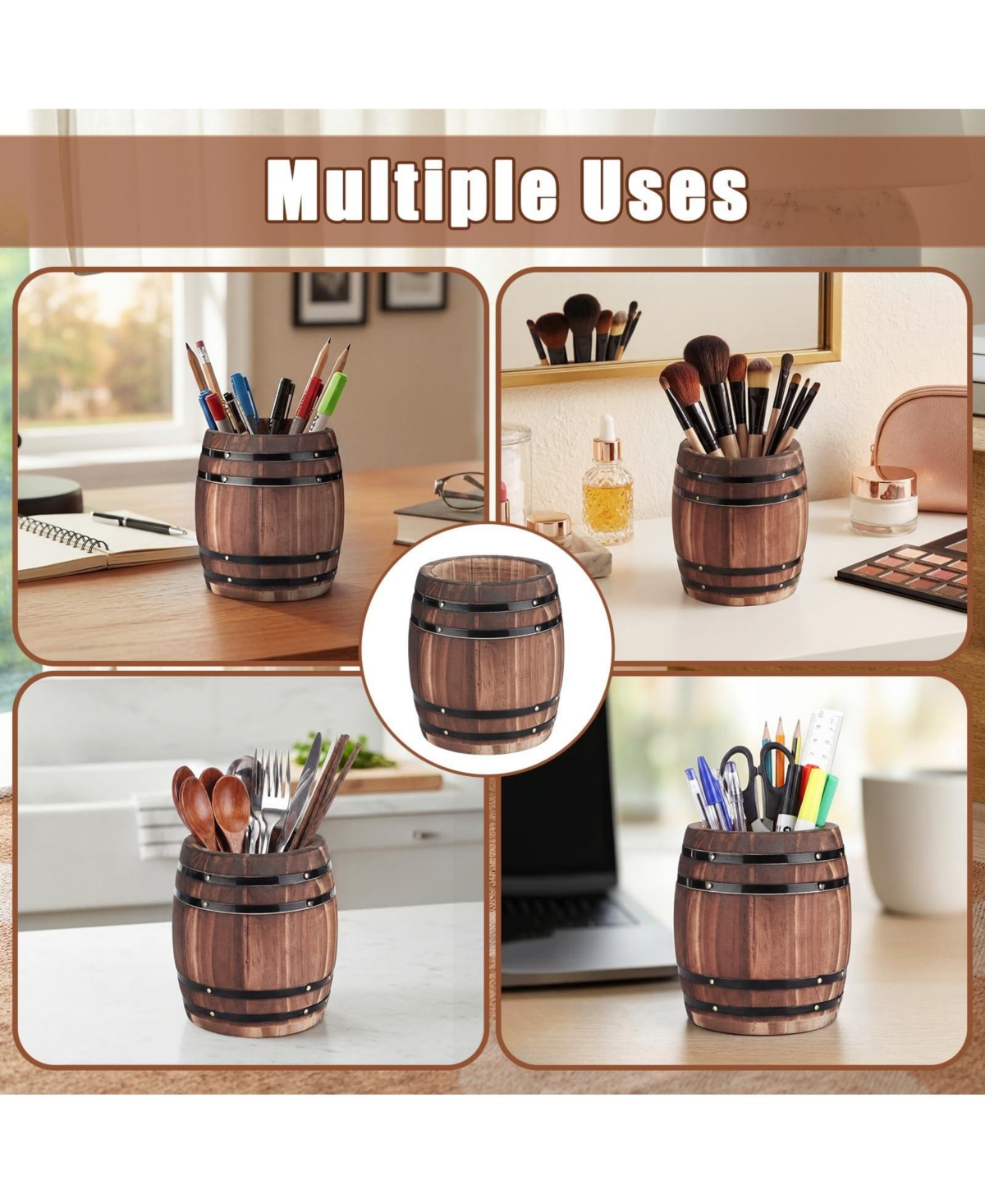 Danrong Rustic Wine Barrel Wooden Desk Organizer Pen Pencil Holder Stationery Storage