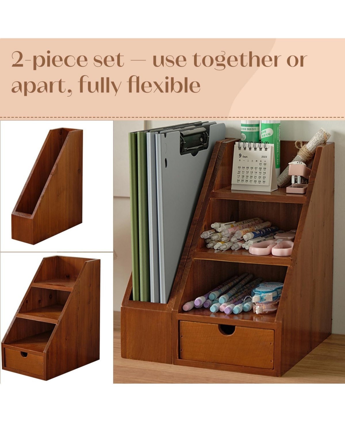 Danrong Rustic Wood Desk Organizer Set 2 Piece Desktop File Holder Storage