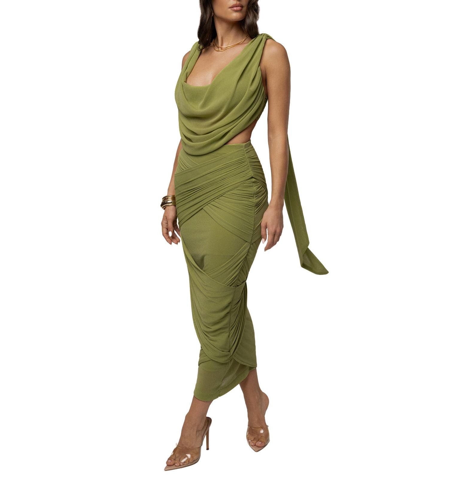 Women's Divine Drape Cowl Neck Draped Top and Skirt Set