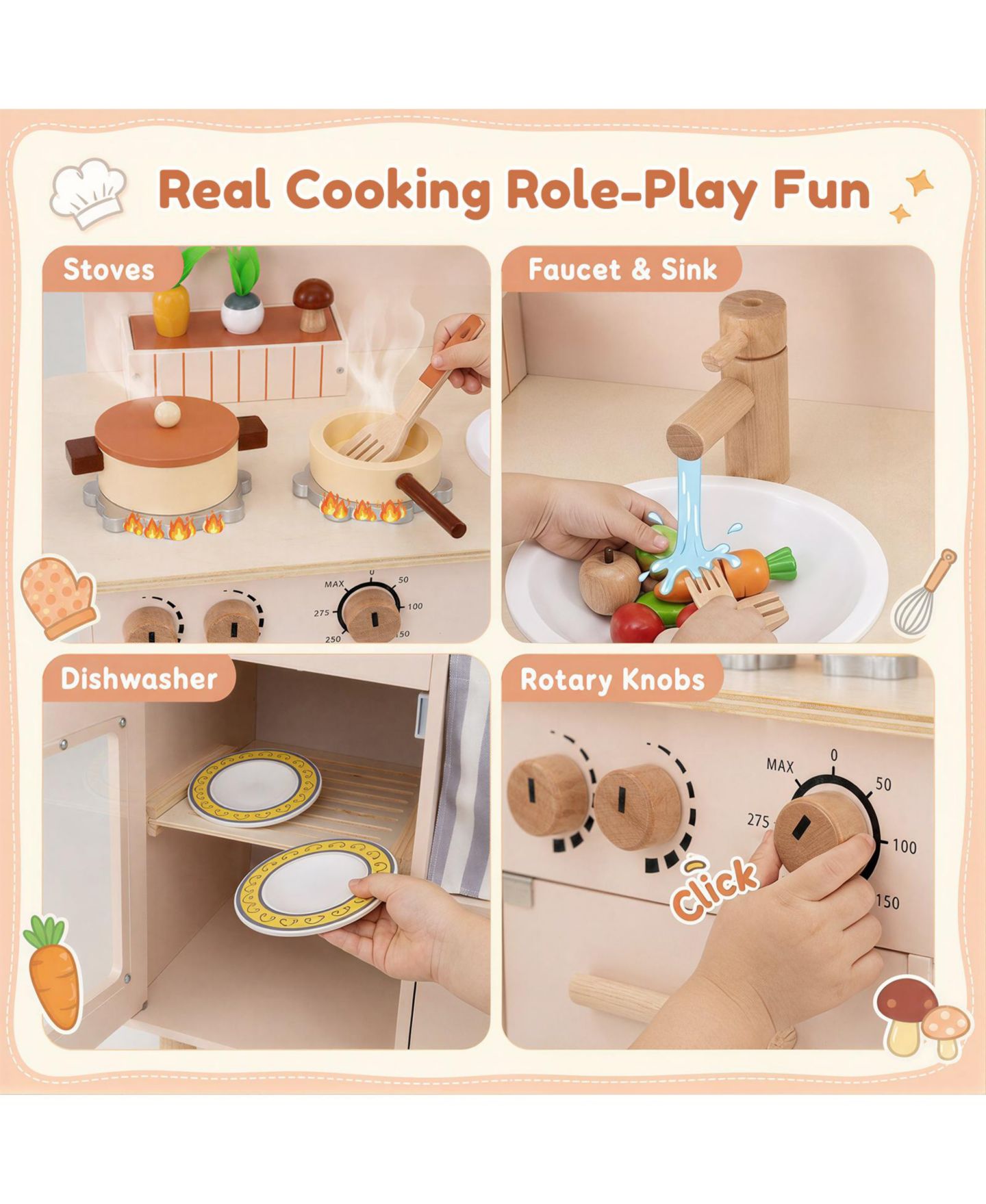 Детский игровой набор Gymax Toddler Wooden 10-Piece Kitchen Playset, Ages 3+, цвет: Бежевый — фото 7