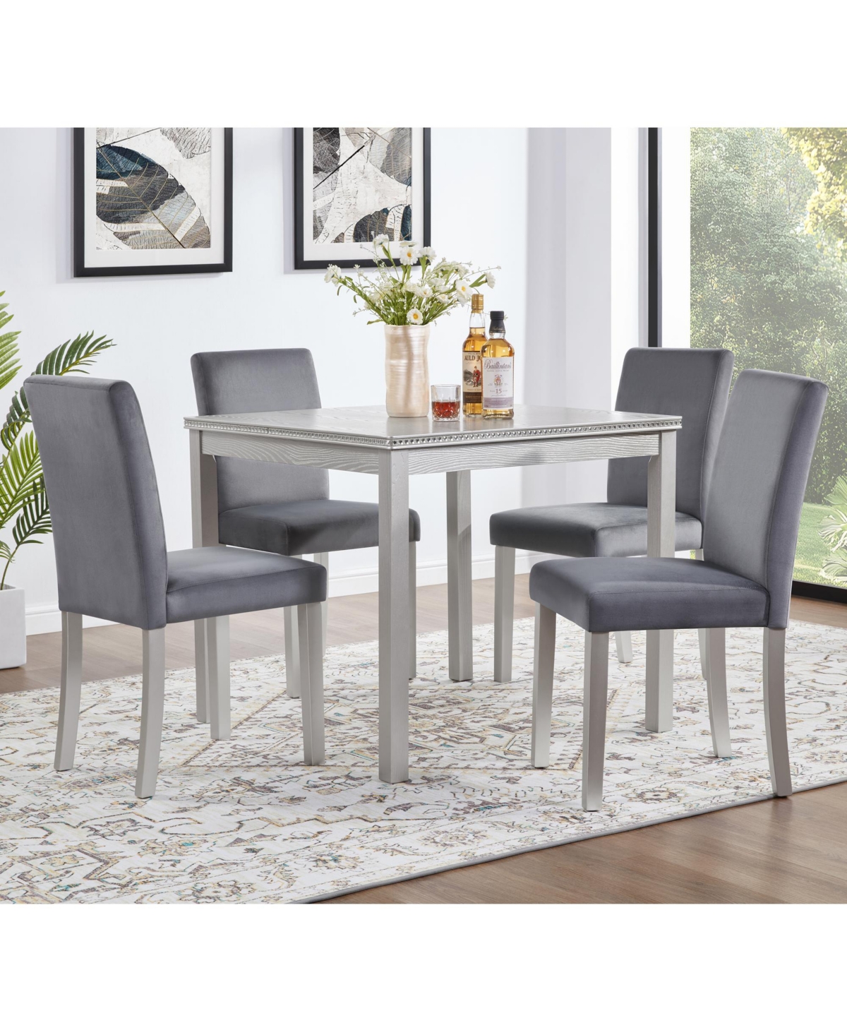 Flynama 5-Piece Wooden Dining Table Set with Upholstered Chairs, Crystal Accent Square Dining Set for Kitchen and Dining Room