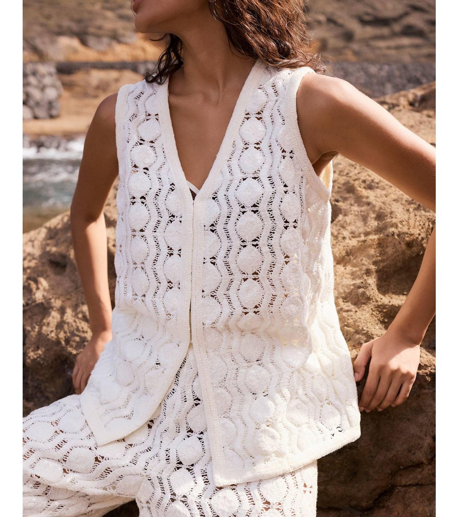 Women's Crochet-Sequin V-Neck Vest