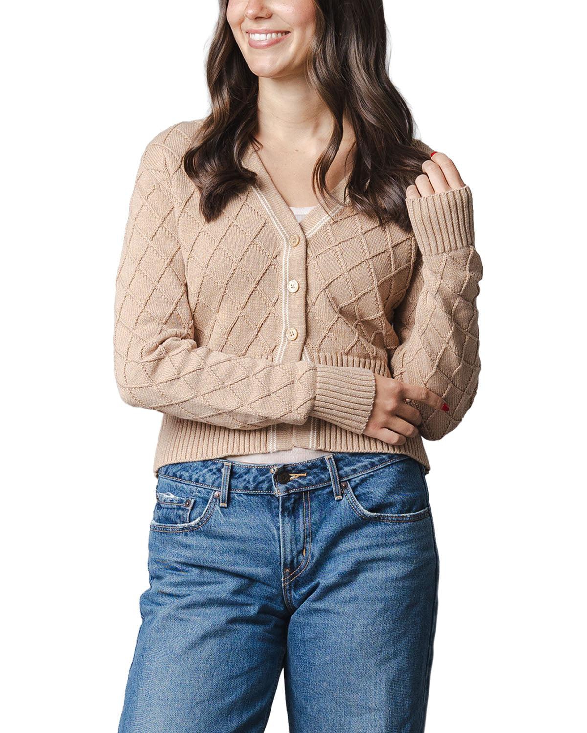 Hope & Henry Women's V-Neck Long-Sleeve Button-Front Cardigan - Camel heather