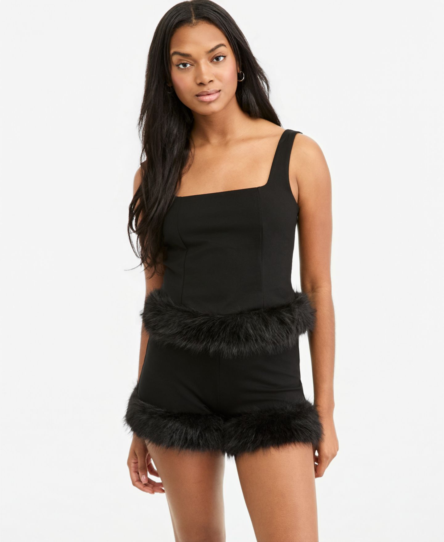 Женский топ Bar III Square Neck Faux Fur-Trim Sleeveless Camisole, цвет: Чёрный — фото 1