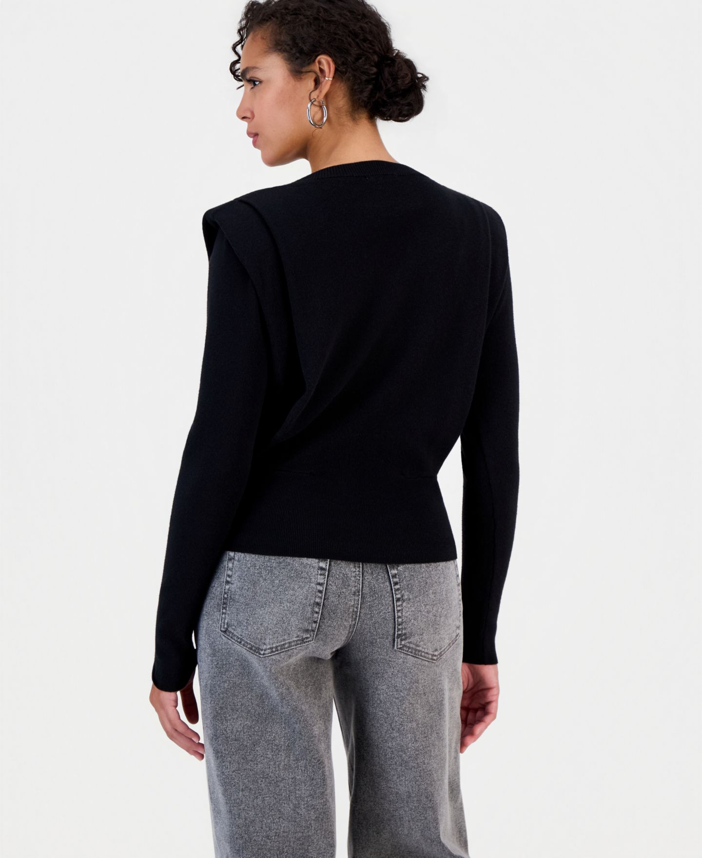 Женский свитер Bar III Shoulder-Pad Long-Sleeve Crewneck, цвет: Чёрный — фото 4