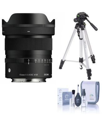 15mm f/1.4 DC Contemporary Lens for Sony E w/ TAKAMA 3 SEC TRIPOD W/3-WAY HEAD, PRO OPTIC CLEANING KIT