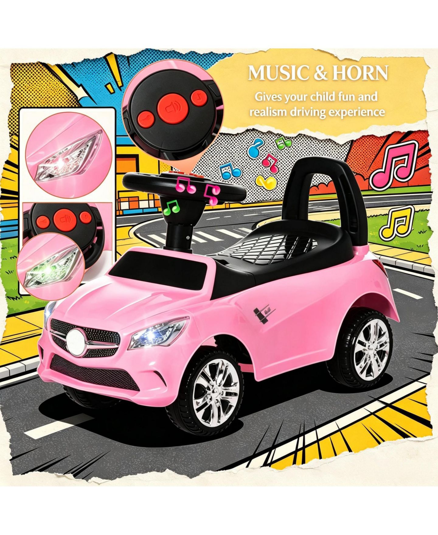 Детская игрушка SEVORLEY Foot-to-Floor Ride-On Push Car with Horn, Music and Lights, Ages 18-36 Months, цвет: Розовый — фото 7