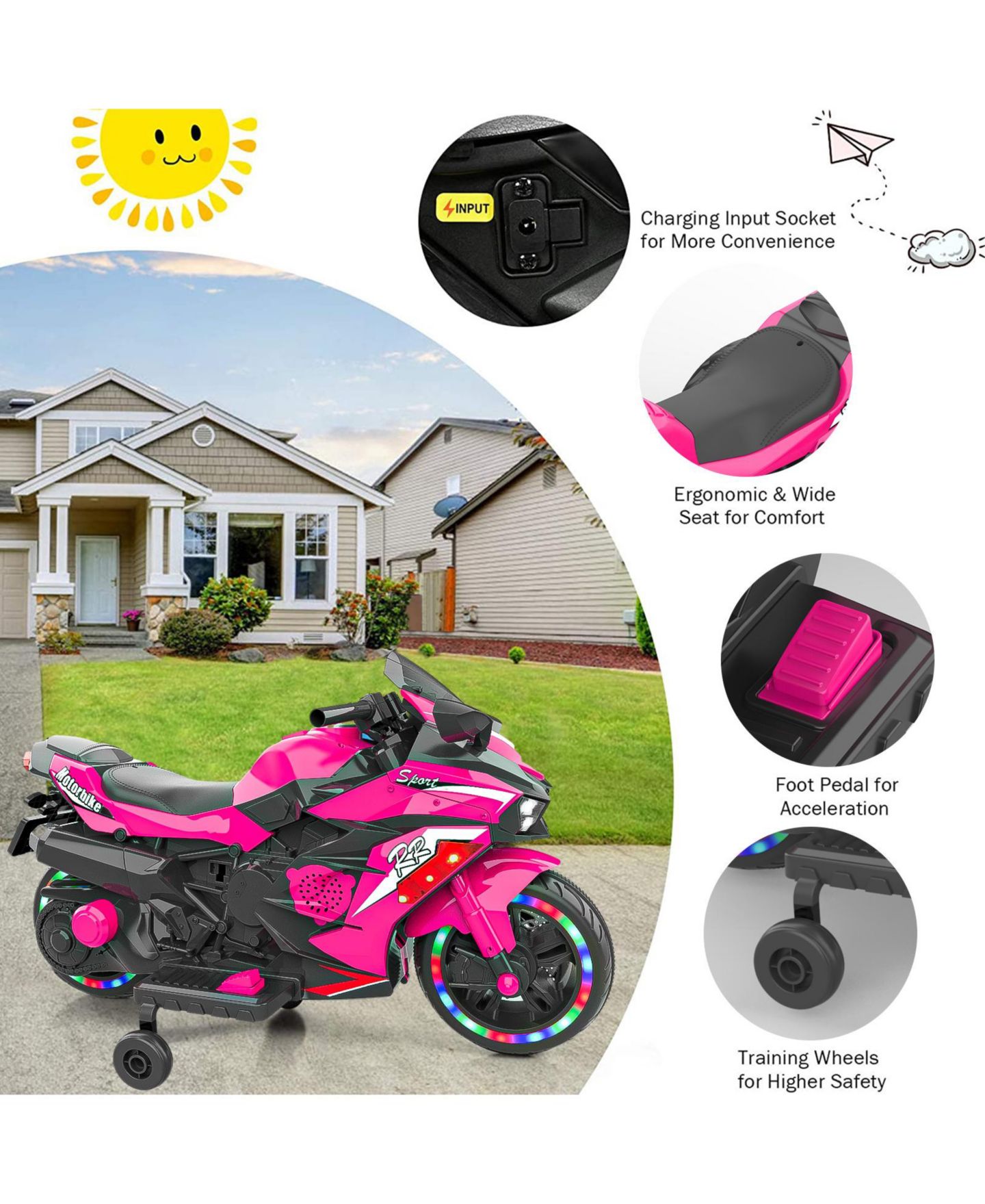 Детская игрушка SEVORLEY 12V Kids Electric Ride-On Motorcycle with Music, Training Wheels, Rechargeable, Ages 3-6, цвет: Розовый — фото 7