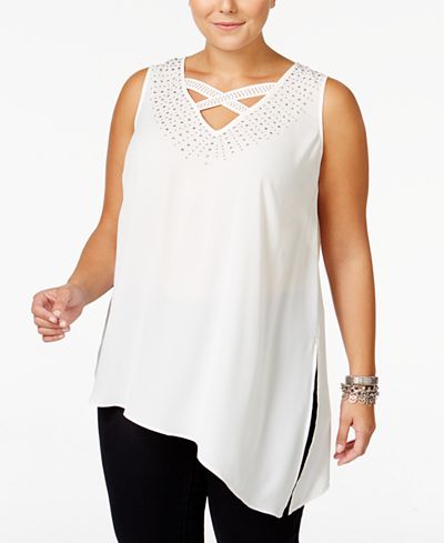 MBLM by Tess Holliday Trendy Plus Size Studded Chiffon Top